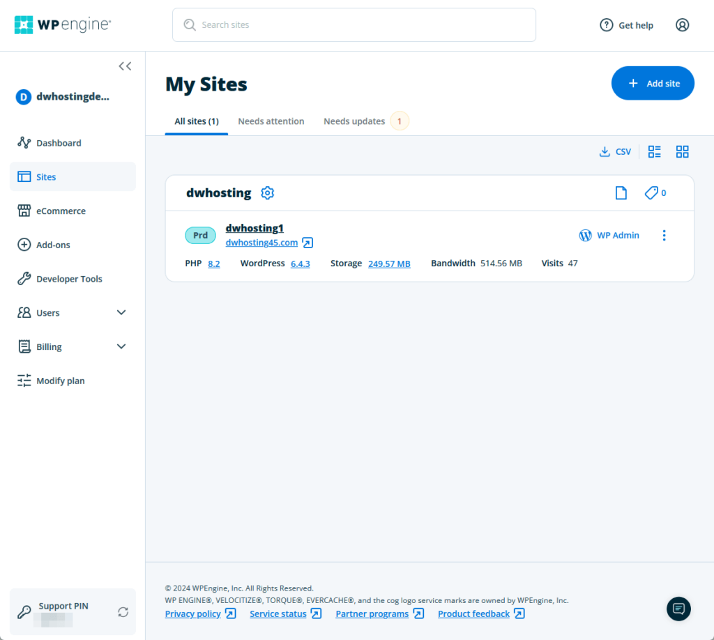 a page where you can manage your wordpress sites in wp engine