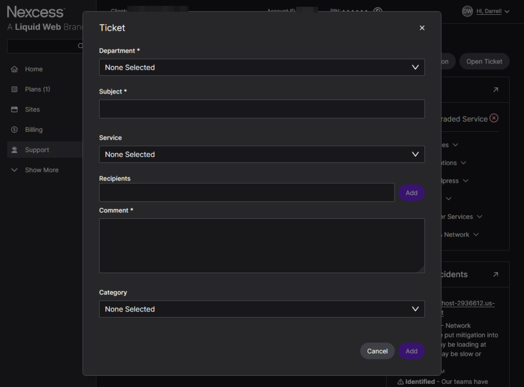 a small window appears when you opt to create a new ticket in nexcess