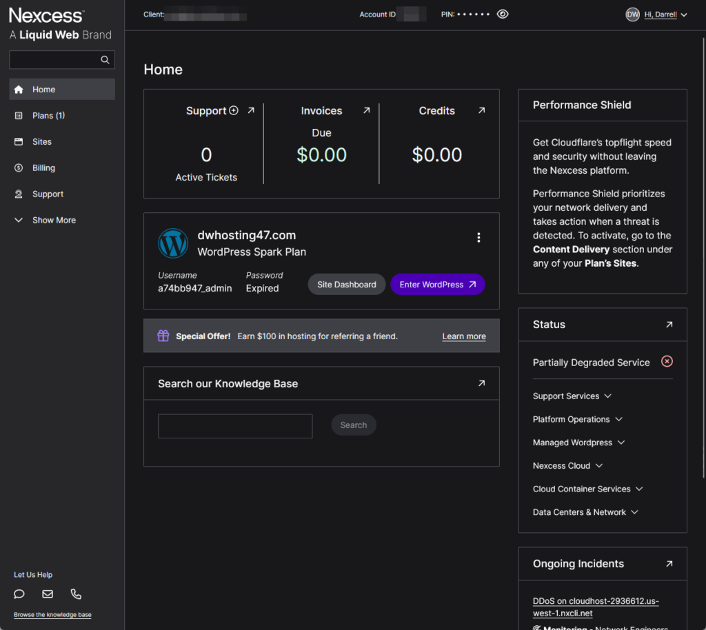 the client area in nexcess looks neat and organized