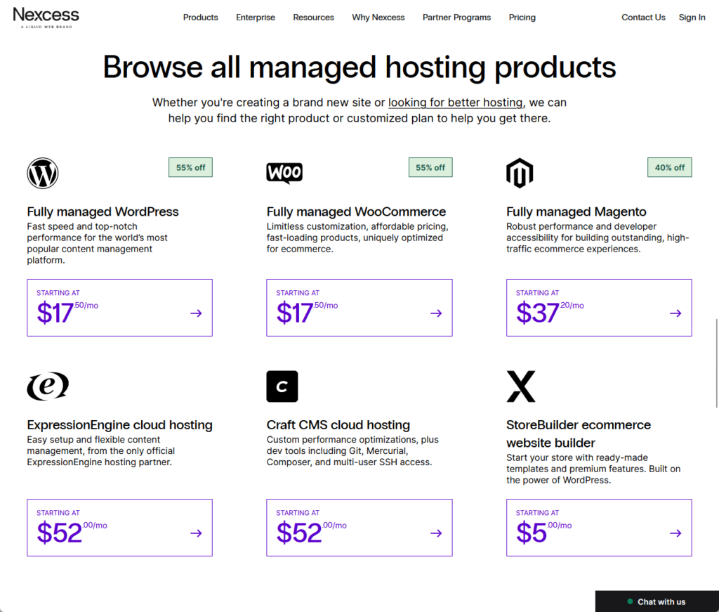 nexcess’s all managed hosting products and their initial prices