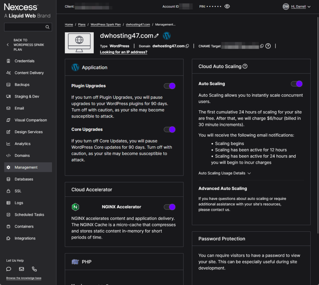 a page where you can set automatic updates for your site