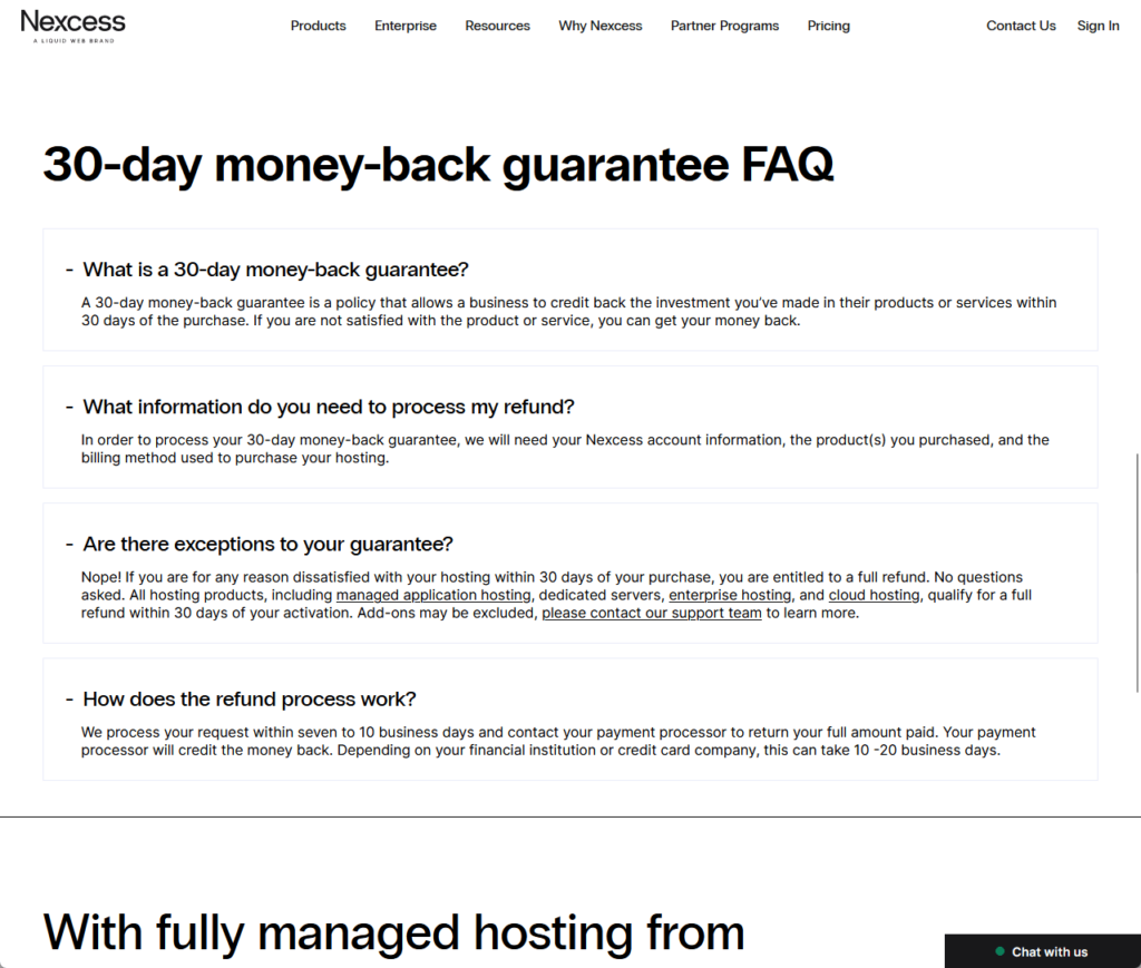 nexcess’s money-back guarantee page and focusing on the faq section