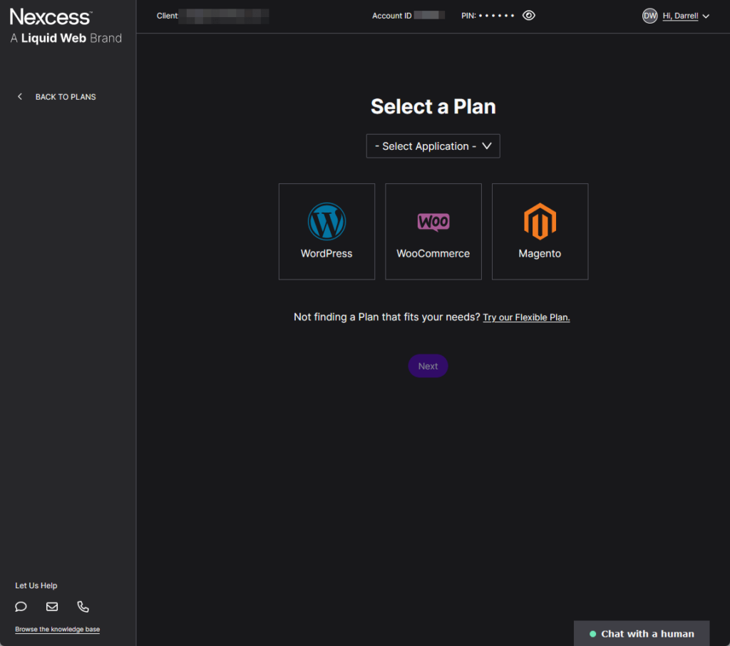 a page where you can select a hosting package from nexcess