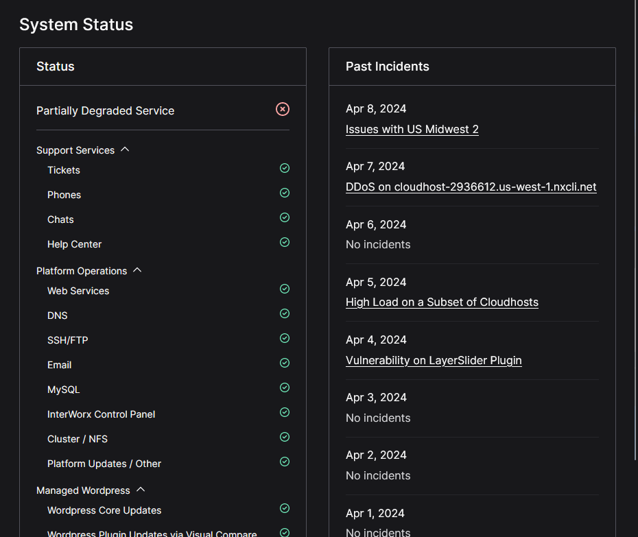 a page showing a partially degrade service status and past incidents