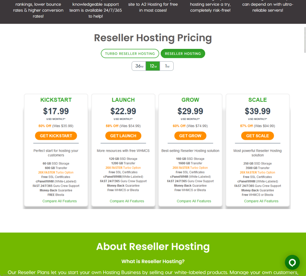 reseller hosting pricing from a2 hosting for non-turbo