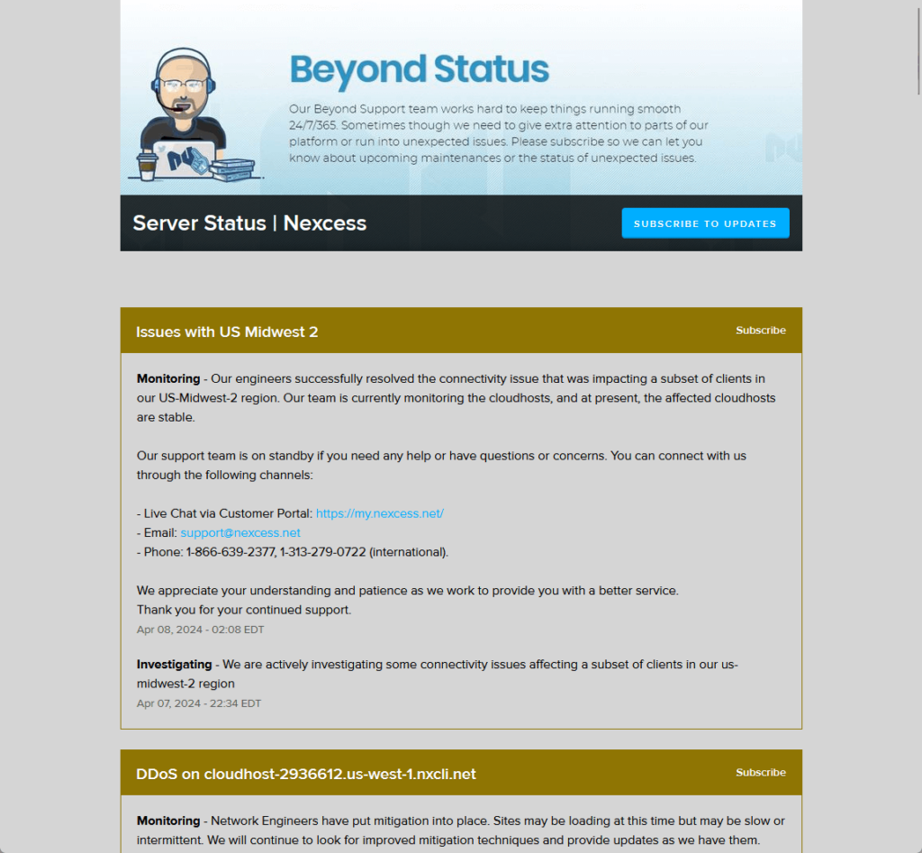 a page showing ongoing incidents in nexcess along with a subscribe button