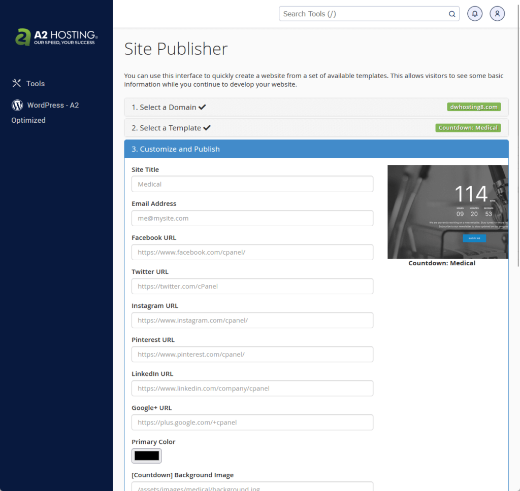 how the site publisher in the cpanel works