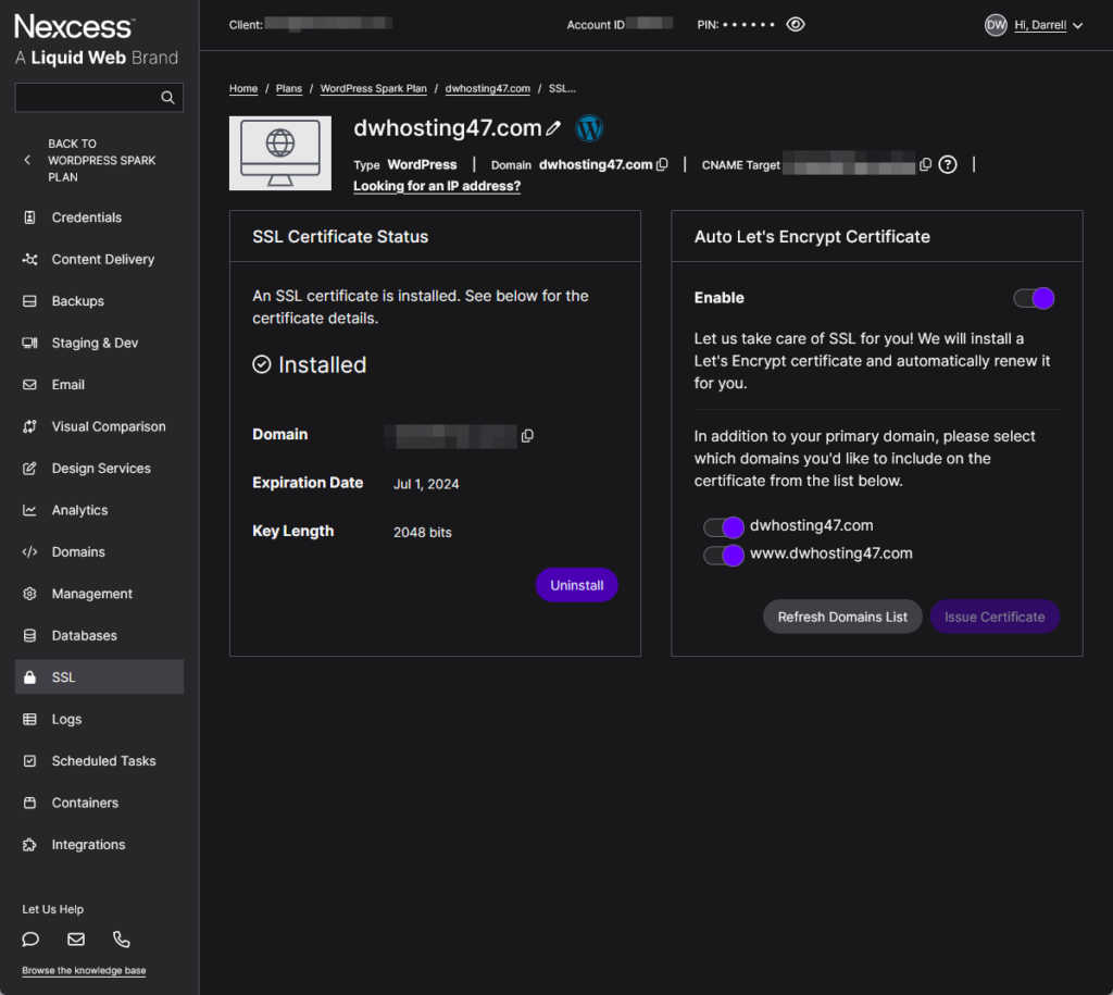 a page in nexcess client area where you can manage the domain’s ssl certificate