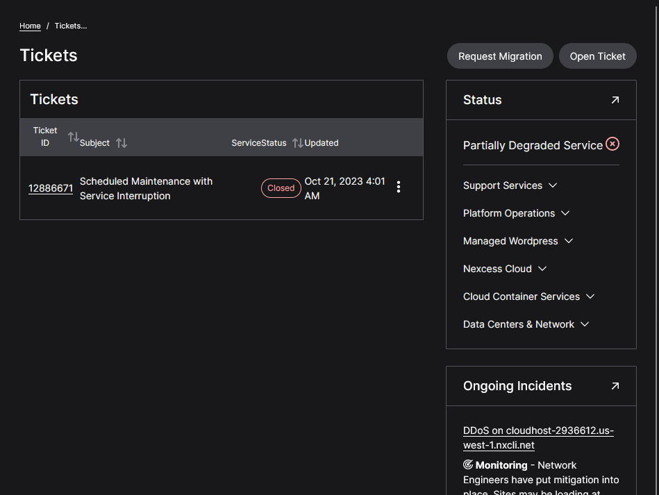 a support page in the nexcess client area containing various support options