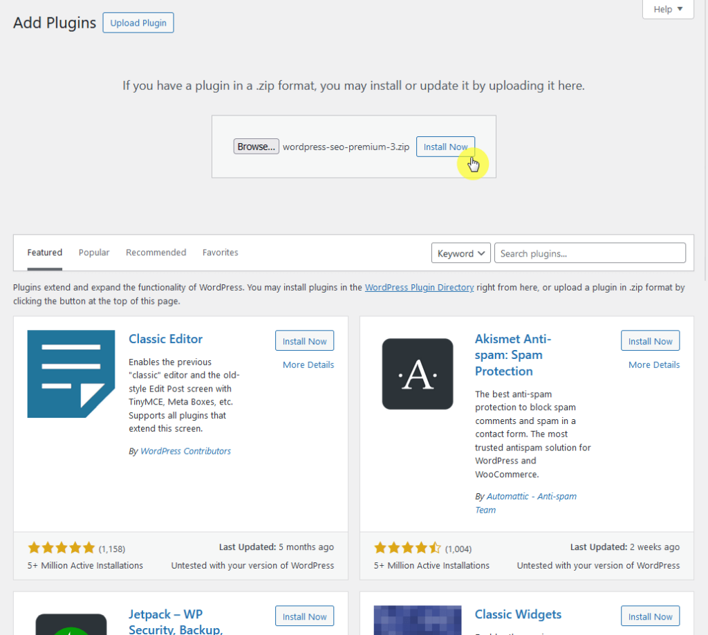 upload and install the yoast seo premium plugin