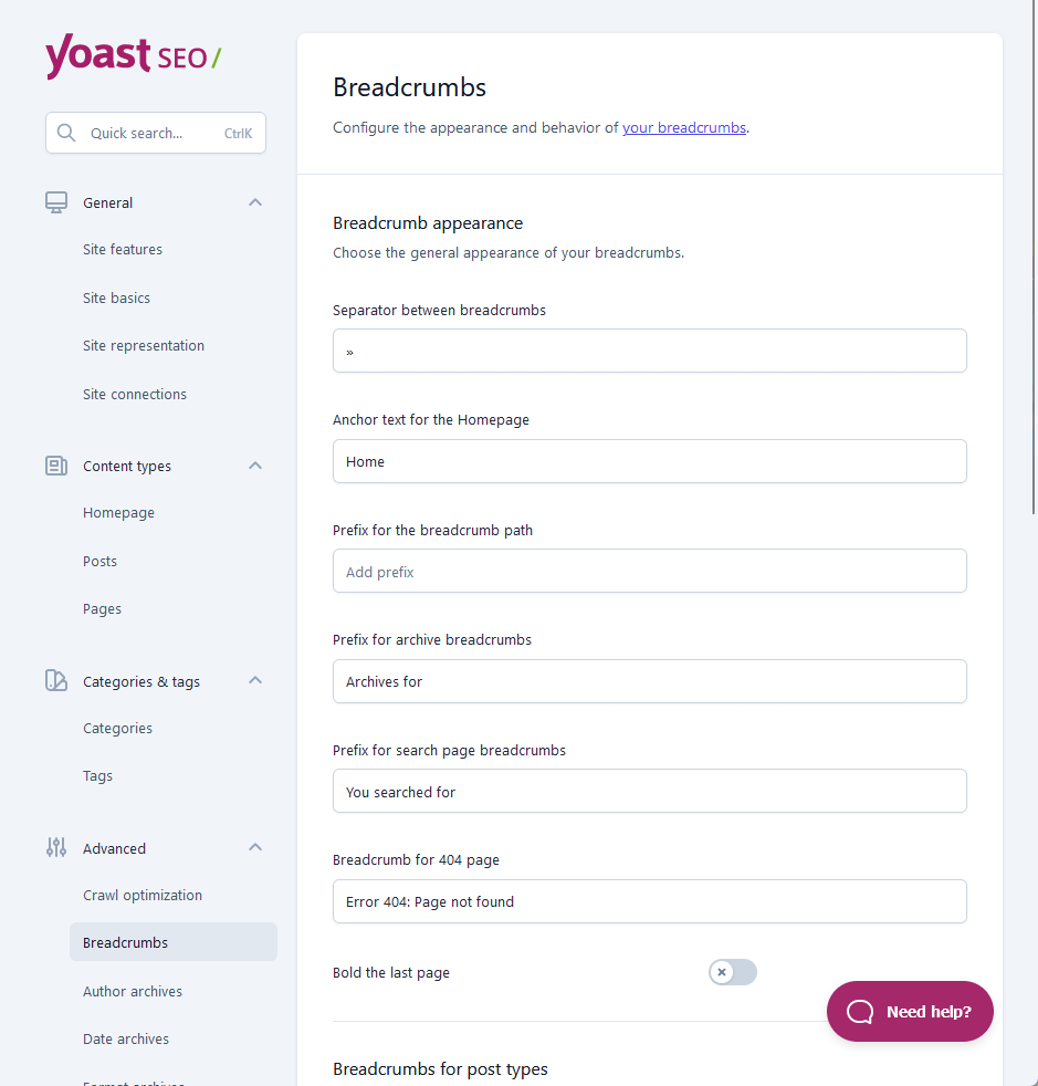 configure the appearance and behavior of the site’s breadcrumbs