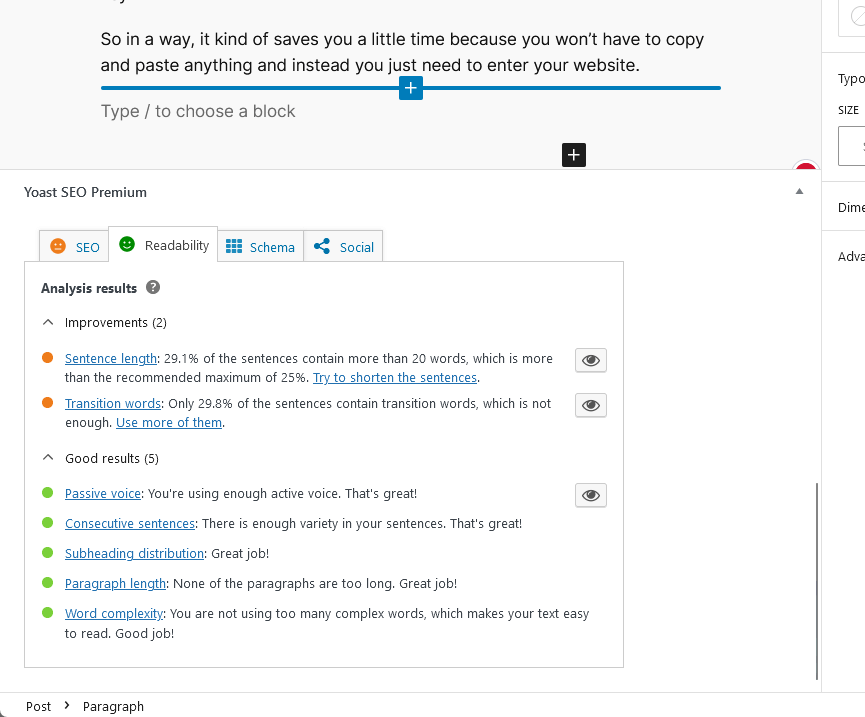 yoast seo checking for a post’s readability