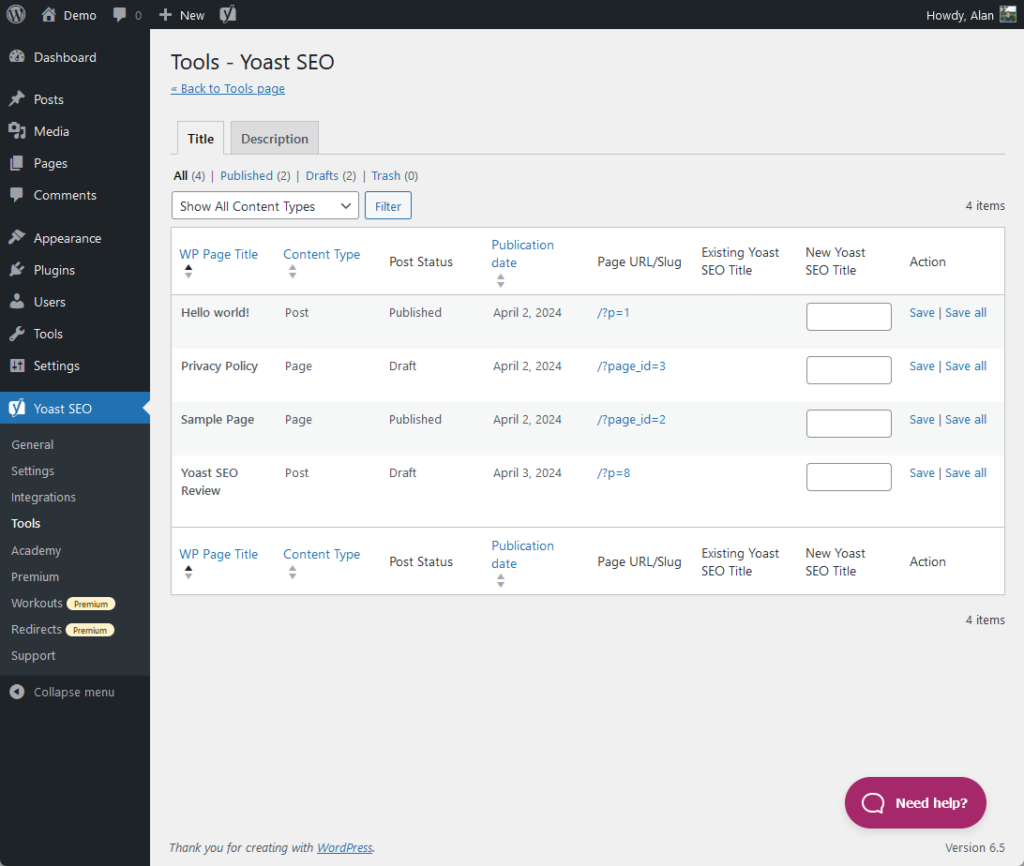 edit the seo title and description of your posts and pages in bulk