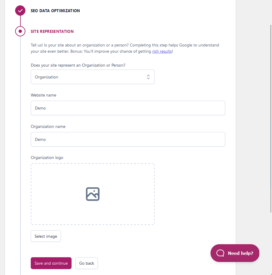 setting up the site representation in yoast’s configuration wizard