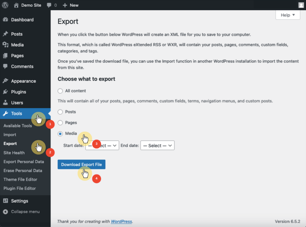 Dashboard Tools section, Export page, Media option