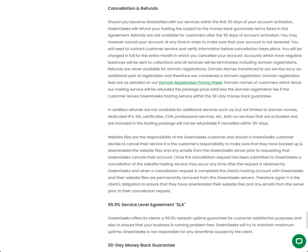greengeeks’s refund policy in their tos