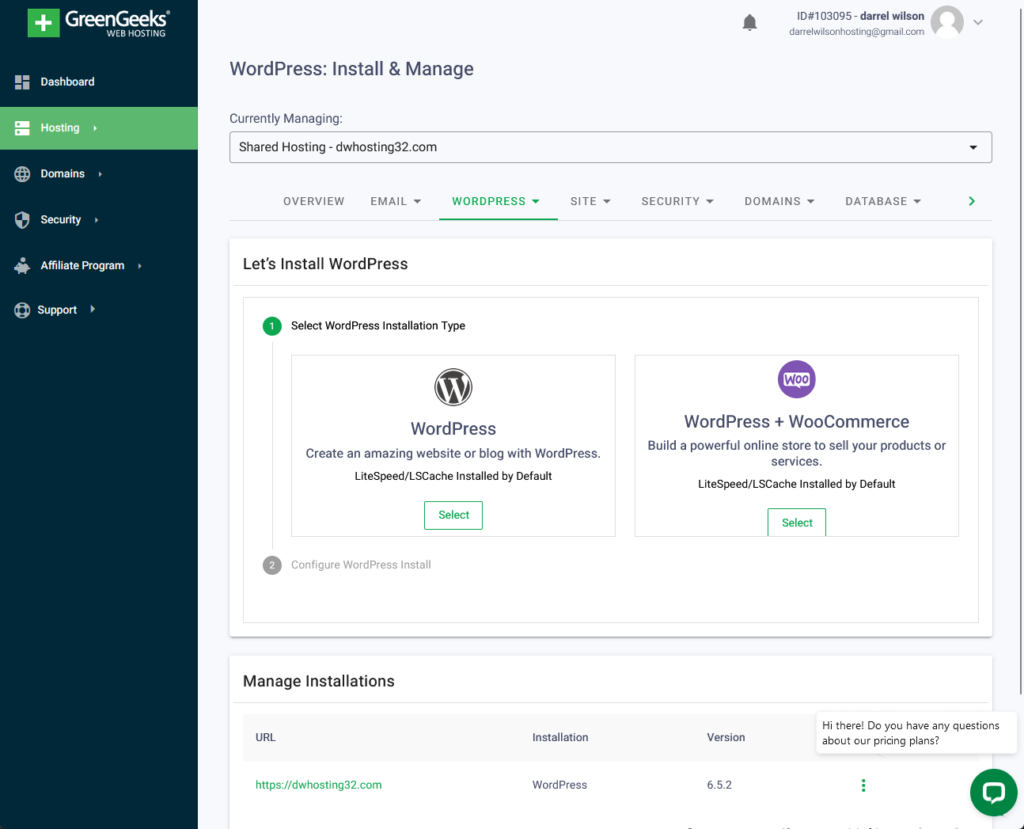 install and manage wordpress in greengeeks