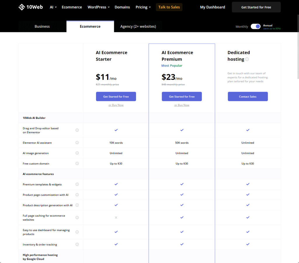 10web ecommerce hosting plans