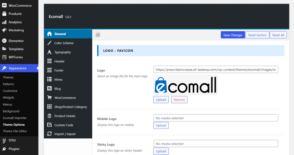 Ecomall theme options