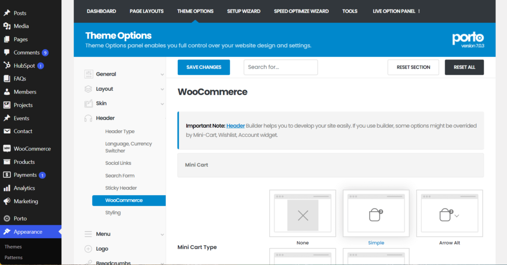 Header WooCommerce settings