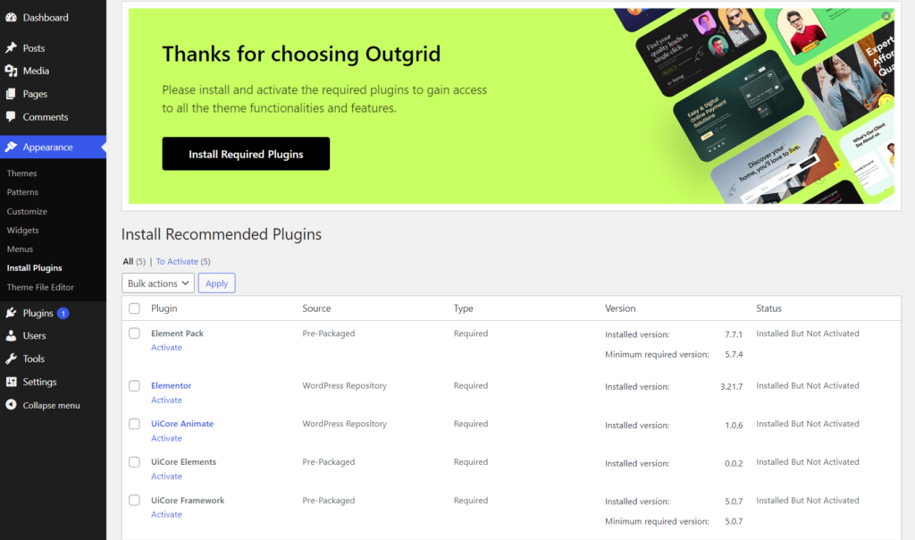 Install and Activate Outgrid recommended plugins