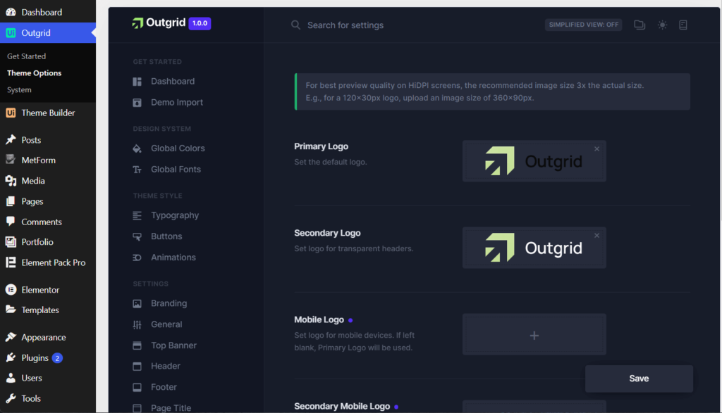 Outgrid theme options area