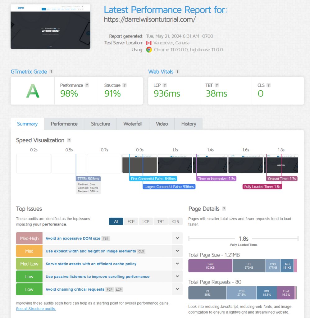 Porto GTmetrix report