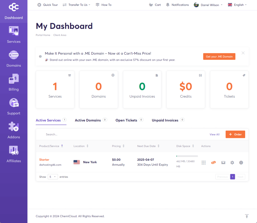 chemicloud client area dashboard