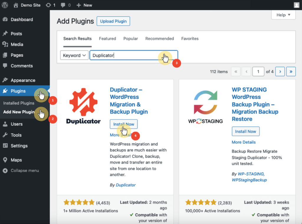 Search for Duplicator in the Add Plugins Page