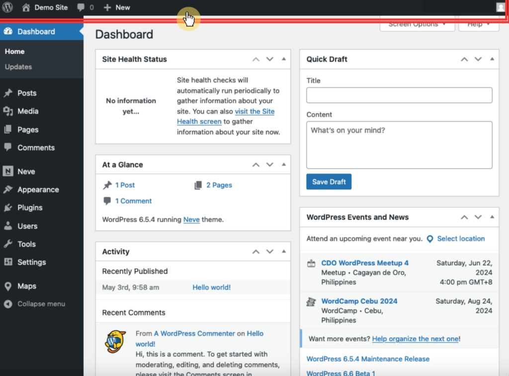 Dashboard Admin Bar