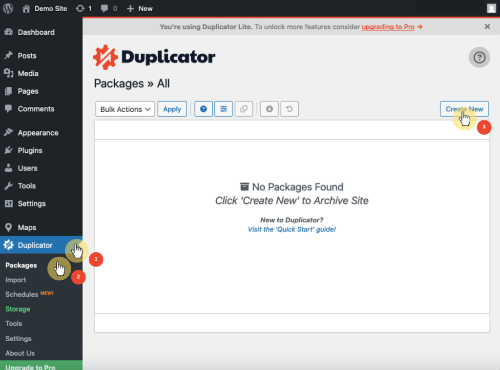 Navigate to the Packages Page under the Duplicator Section