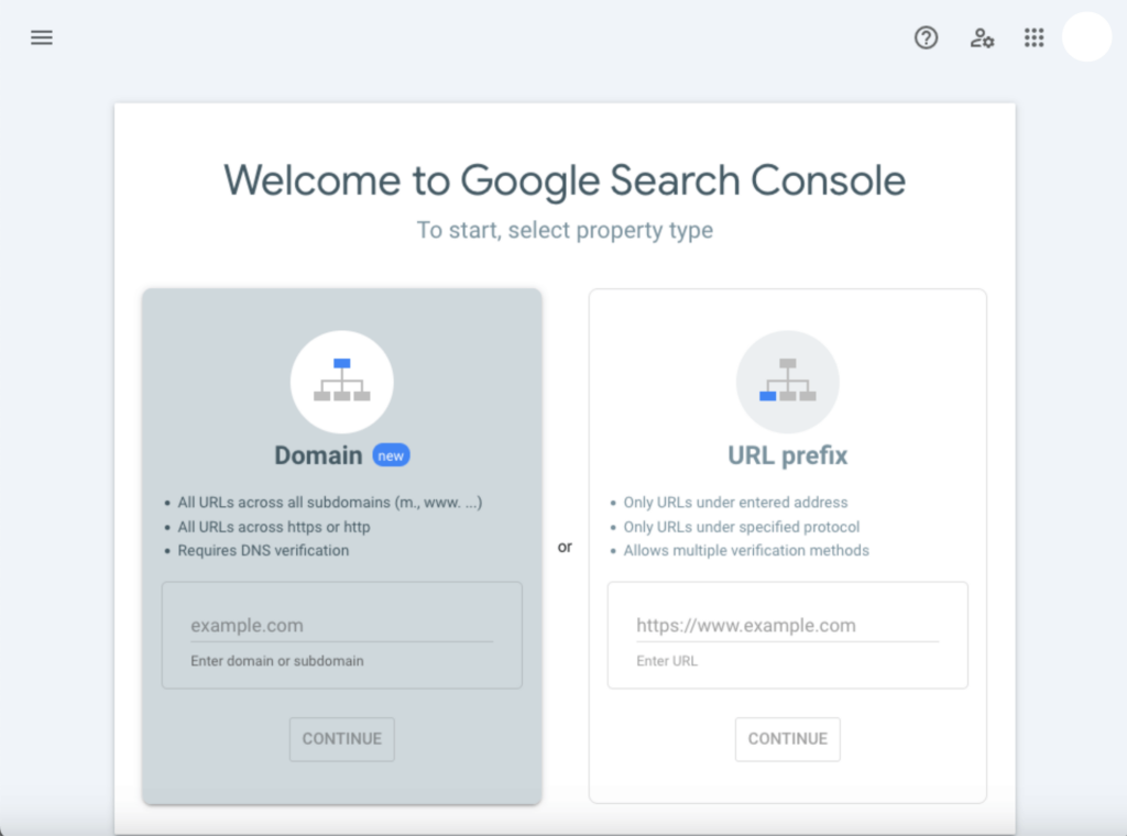 Welcome to Google Search Console. To start, select property type
