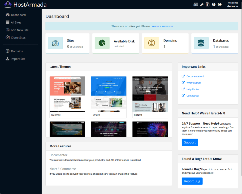 hostarmada website builder dashboard