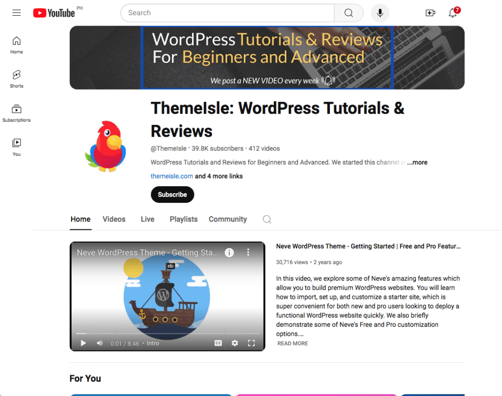 ThemeIsle: WordPress Tutorials & Reviews Youtube Channel Page