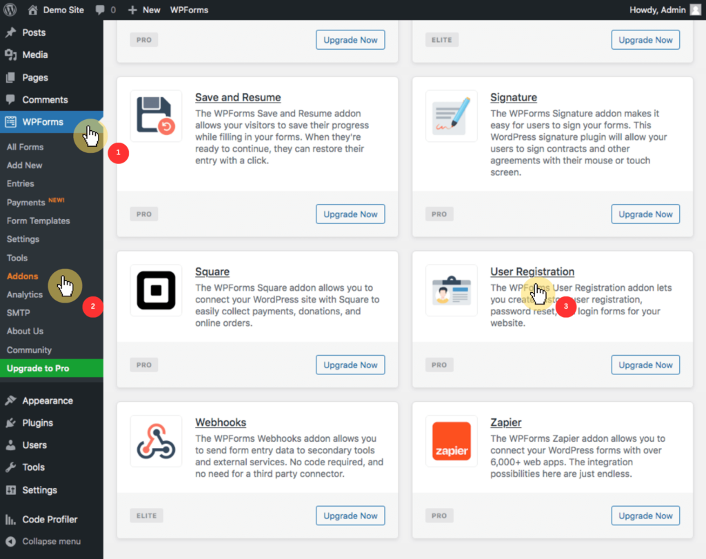 Dashboard > WPForms > Addons > User Registration