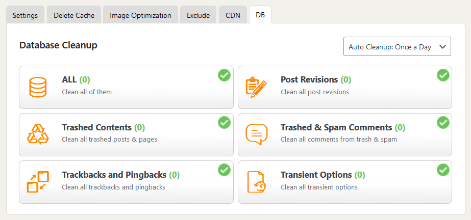 database cleanup in wp fastest cache