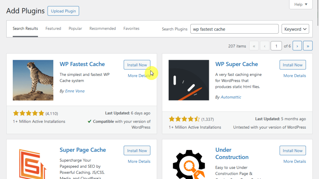 install the free version of wp fastest cache