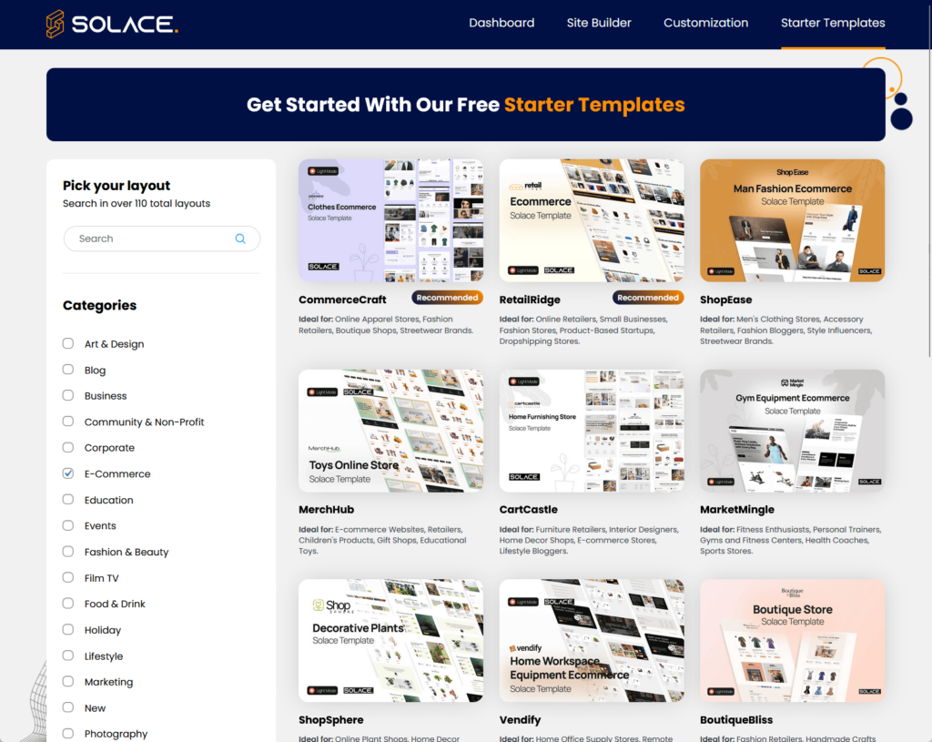filtered starter templates from solace for ecommerce