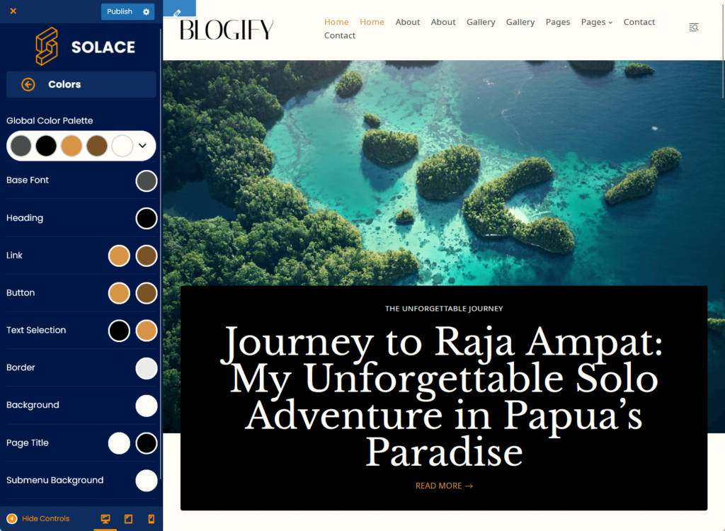 solace colors options in the customizer