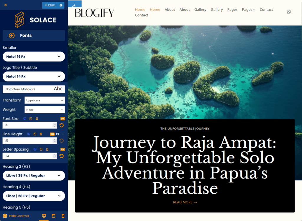 solace fonts options in the customizer