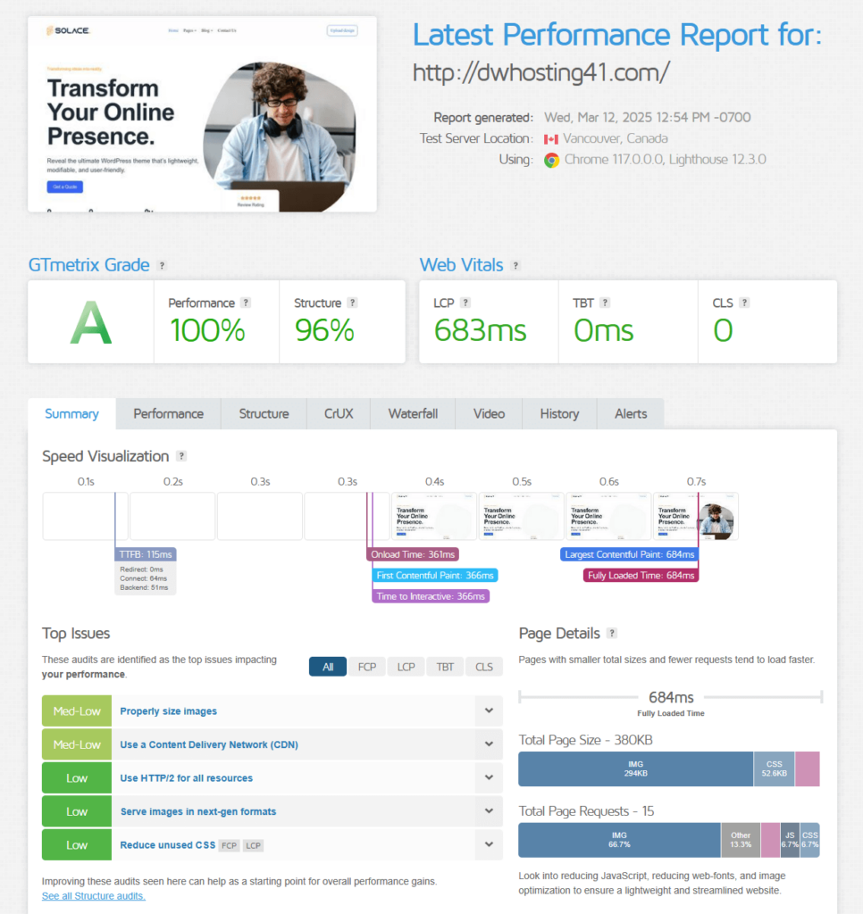 solace gtmetrix results upper